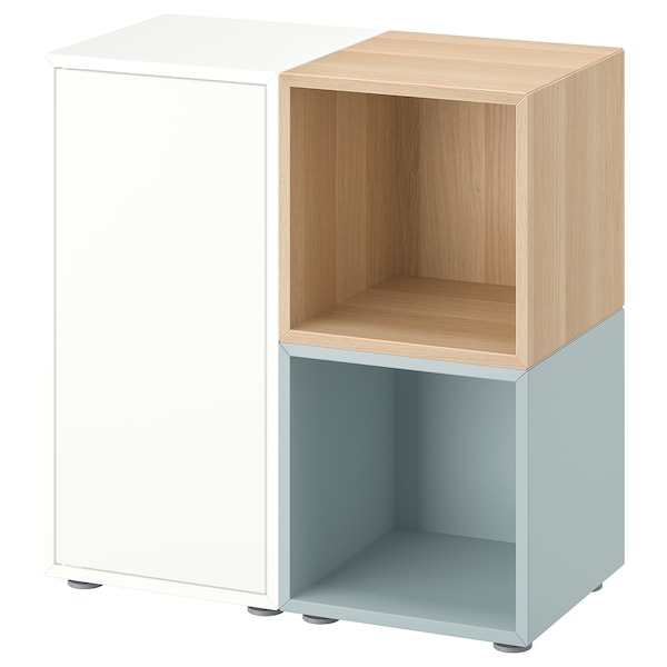 EKET - Cabinet combination with feet, white/stained oak effect light grey-blue, 70x35x72 cm