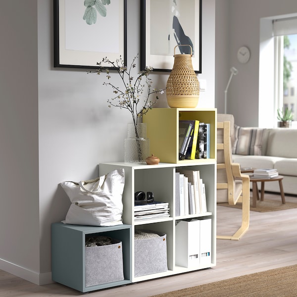 EKET - Cabinet combination with feet, white light grey-blue/pale yellow, 105x35x107 cm