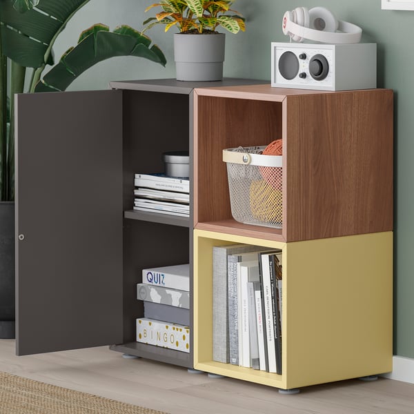 EKET - EKET Cabinet combination with feet, dark grey walnut effect/pale yellow, 70x35x72 cm