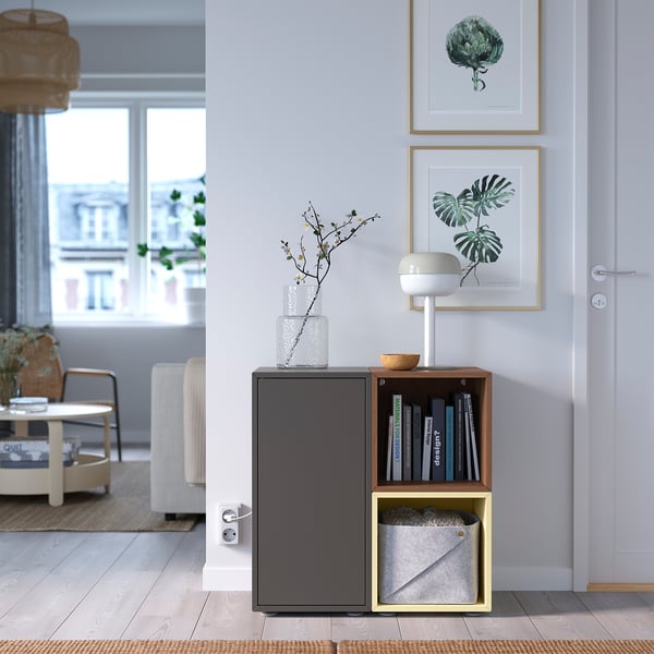 EKET - EKET Cabinet combination with feet, dark grey walnut effect/pale yellow, 70x35x72 cm