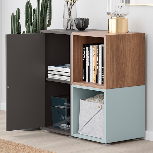 EKET - Cabinet combination with feet, dark grey/walnut effect light grey-blue, 70x35x72 cm