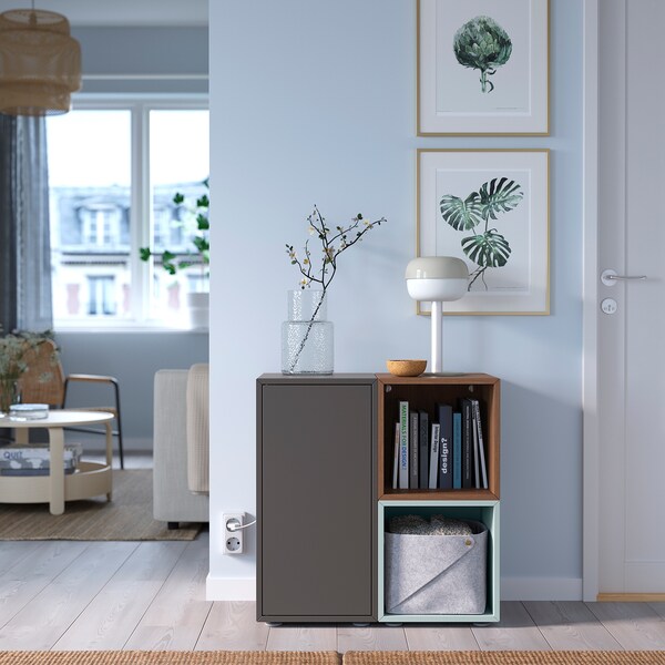 EKET - Cabinet combination with feet, dark grey/walnut effect light grey-blue, 70x35x72 cm