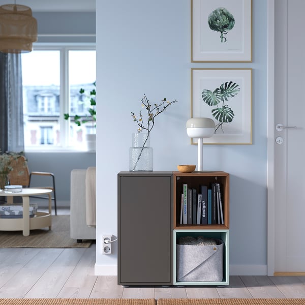 EKET - EKET Cabinet combination with feet, dark grey/walnut effect light grey-blue, 70x35x72 cm