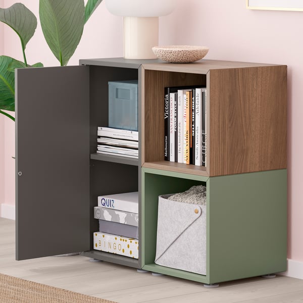 EKET cabinet combination with feet, dark grey/walnut effect grey-green, 70x35x72 cm