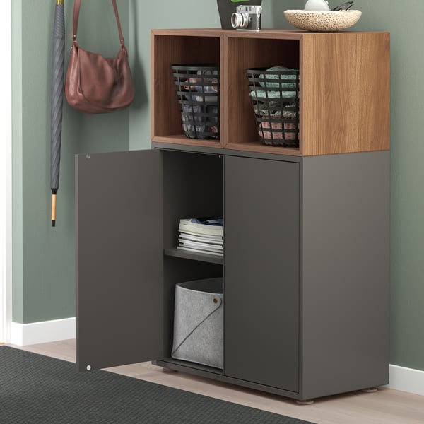 EKET cabinet combination with feet, dark grey/walnut effect, 70x35x107 cm