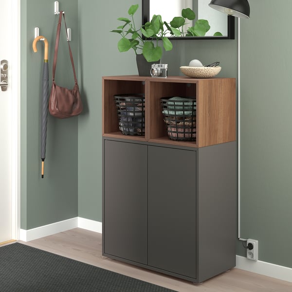 EKET cabinet combination with feet, dark grey/walnut effect, 70x35x107 cm