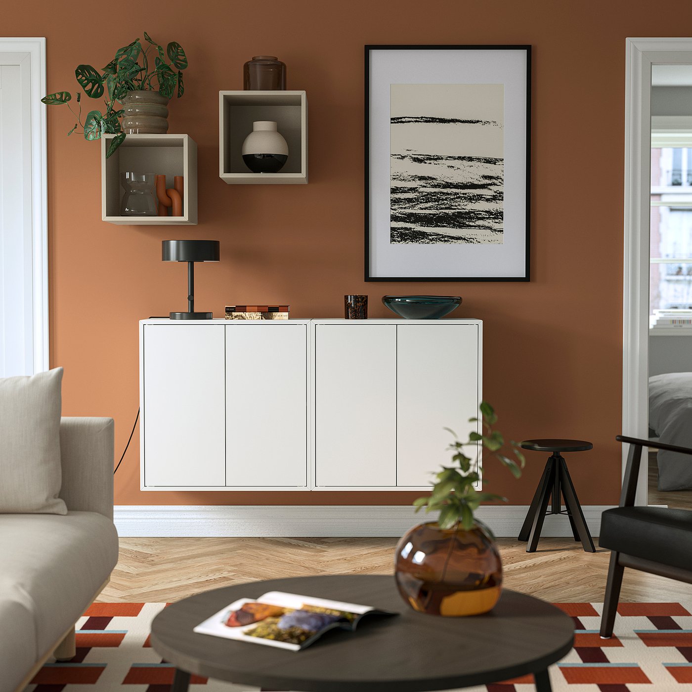 EKET wall-mounted cabinet combination, white/beige, 175x35x70 cm