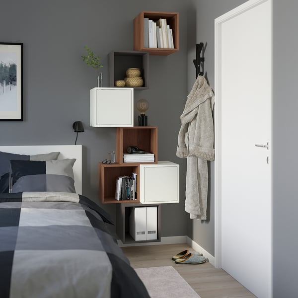 EKET wall-mounted cabinet combination, walnut effect/white dark grey, 80x35x210 cm