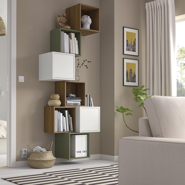EKET wall-mounted cabinet combination, walnut effect/white grey-green, 80x35x210 cm