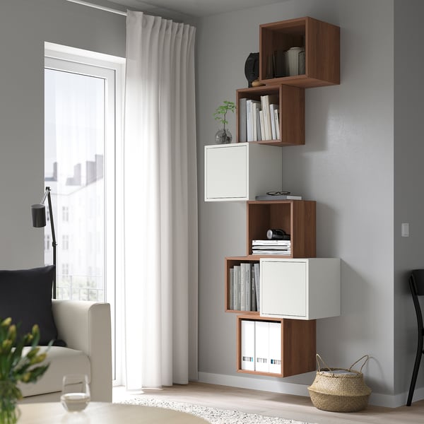 EKET wall-mounted cabinet combination, walnut effect/white, 80x35x210 cm
