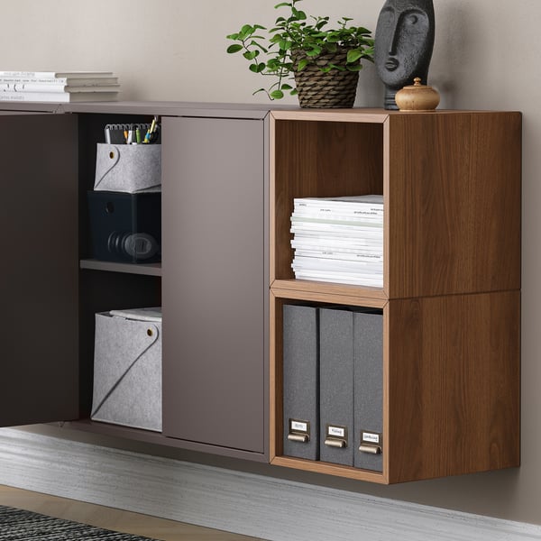 EKET wall-mounted cabinet combination, dark grey/walnut effect, 175x35x70 cm