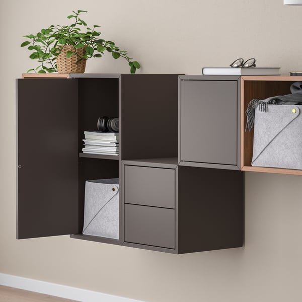 EKET - Wall-mounted cabinet combination, dark grey/walnut effect, 175x35x70 cm