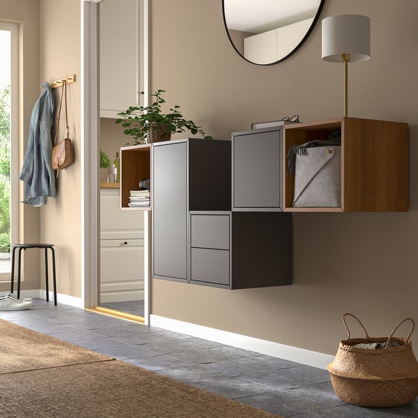 EKET wall-mounted cabinet combination, dark grey/walnut effect, 175x35x70 cm