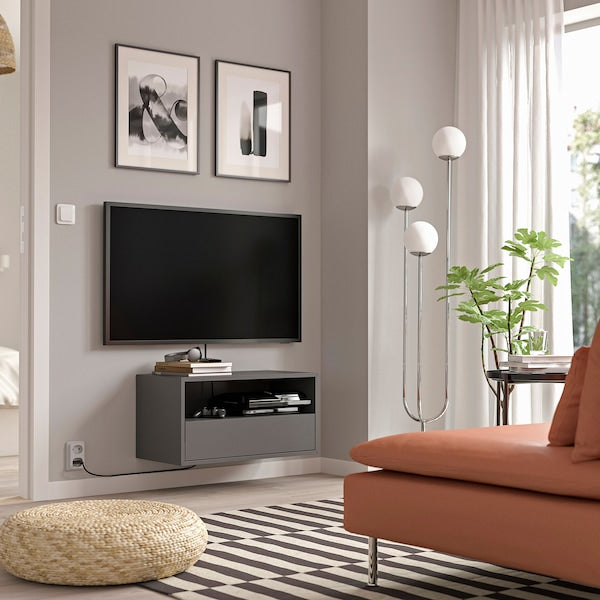 EKET wall mounted media shelf w rail, dark grey, 70x35x35 cm