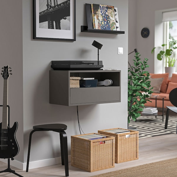 EKET wall mounted media shelf w rail, dark grey, 70x35x35 cm
