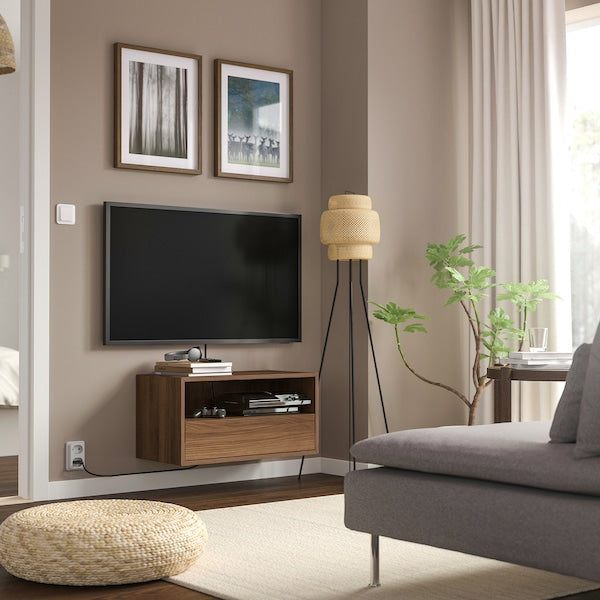 EKET - Wall mounted media shelf w rail, brown/walnut effect, 70x35x35 cm