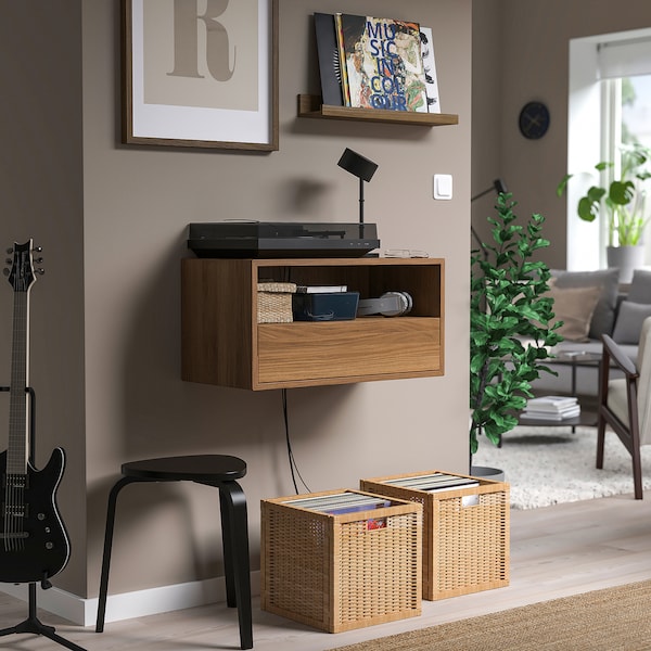 EKET - Wall mounted media shelf w rail, brown/walnut effect, 70x35x35 cm