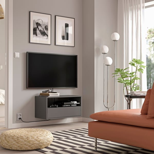 EKET wall mounted media shelf w rail, dark grey, 70x35x35 cm