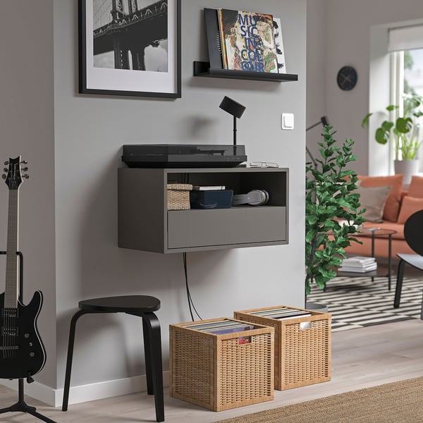 EKET wall mounted media shelf w rail, dark grey, 70x35x35 cm