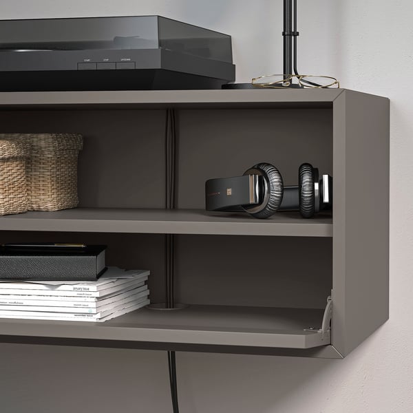 EKET wall mounted media shelf w rail, dark grey, 70x35x35 cm