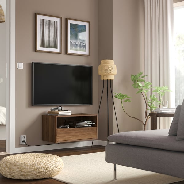 EKET wall mounted media shelf w rail, brown/walnut effect, 70x35x35 cm