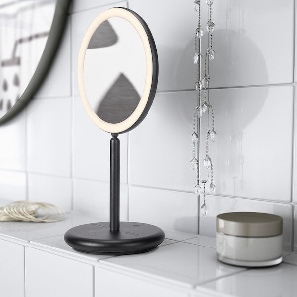 EKFÄNN table mirror w integrated lighting, dimmable/black, 20 cm