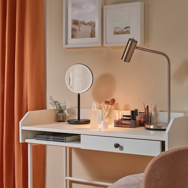 EKFÄNN table mirror w integrated lighting, dimmable/black, 20 cm