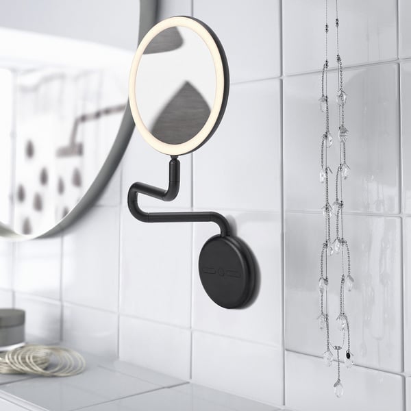 EKFÄNN mirror with integrated lighting, dimmable wall mounted/black, 20 cm