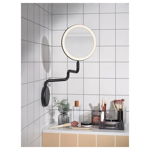 EKFÄNN mirror with integrated lighting, dimmable wall mounted/black, 20 cm