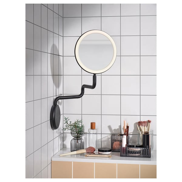 EKFÄNN mirror with integrated lighting, dimmable wall mounted/black, 20 cm