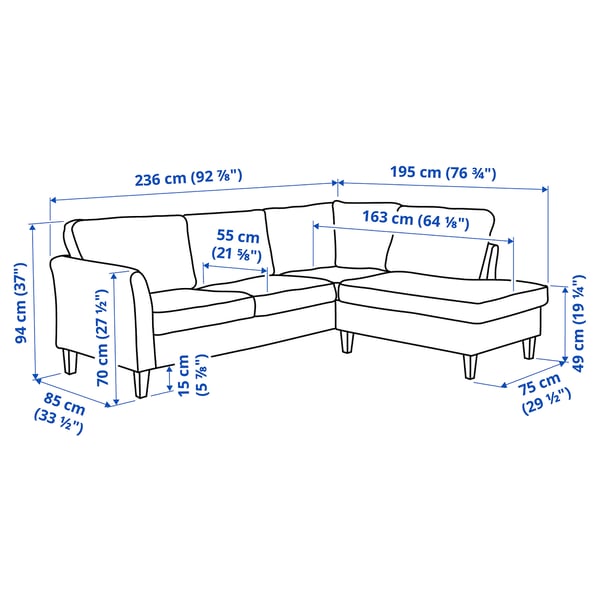 EKHOLMA corner sofa, 4-seat with open end, Kilanda pale blue, 236 cm