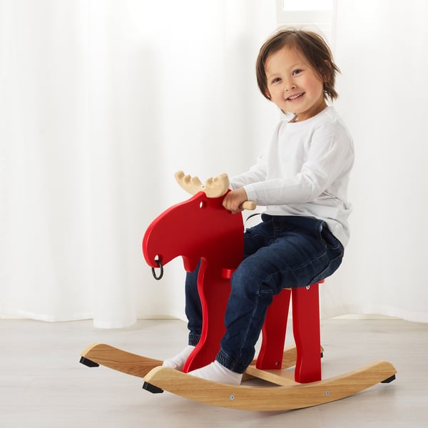 EKORRE rocking-moose, red/rubberwood, 73x29 cm