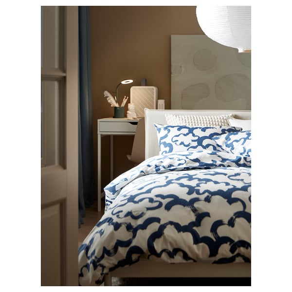 EKPURPURMAL duvet cover and pillowcase, white blue/cloud