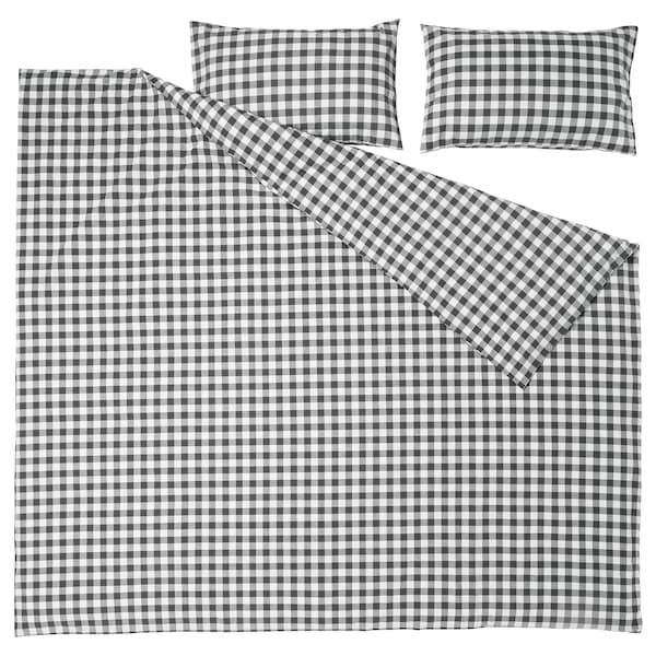 EKTANDVINGE - Duvet cover and 2 pillowcases, anthracite white/check, 240x220/50x80 cm