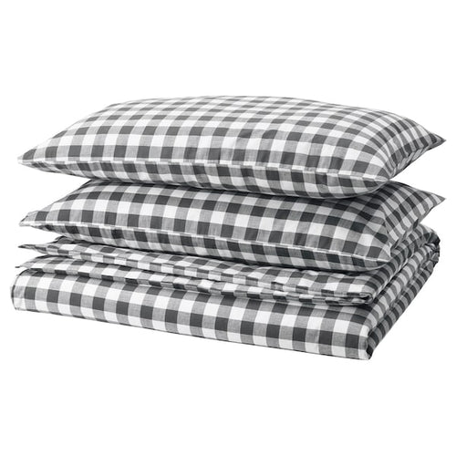 EKTANDVINGE - Duvet cover and 2 pillowcases, anthracite white/check, 240x220/50x80 cm