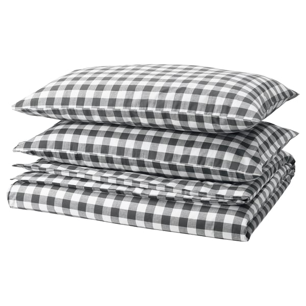 EKTANDVINGE duvet cover and 2 pillowcases, anthracite white/check, 240x220/50x80 cm