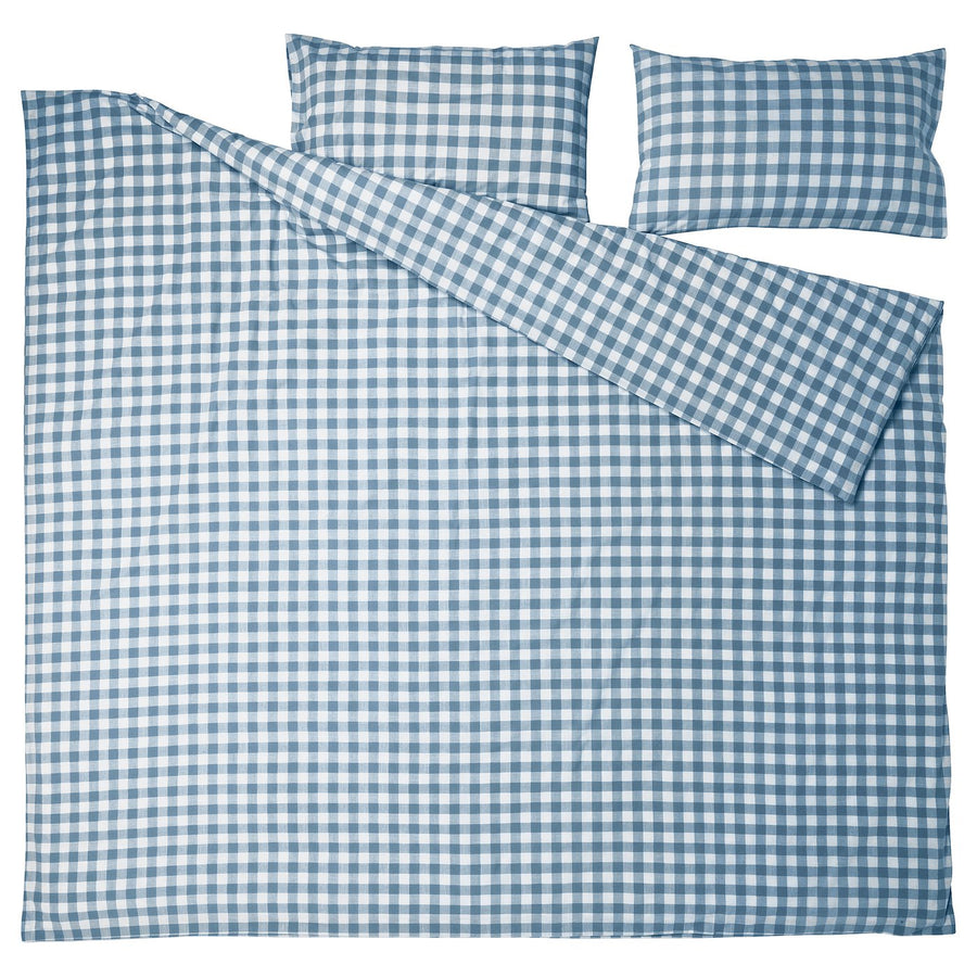 EKTANDVINGE duvet cover and 2 pillowcases, dark blue white/check, 240x220/50x80 cm