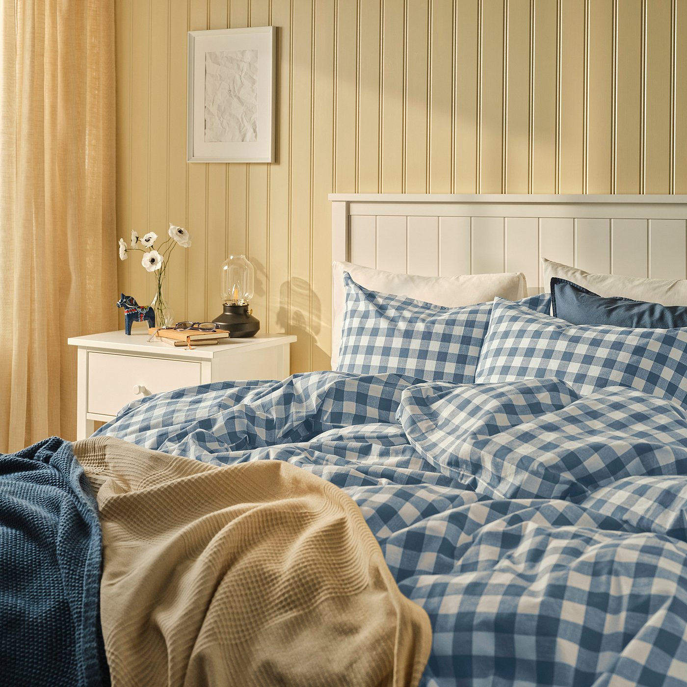 EKTANDVINGE duvet cover and 2 pillowcases, dark blue white/check, 240x220/50x80 cm