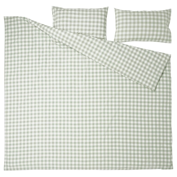 EKTANDVINGE - Duvet cover and 2 pillowcases, pale grey-green white/check, 240x220/50x80 cm