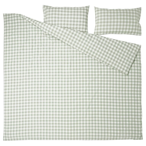 Ikea EKTANDVINGE - Duvet cover and 2 pillowcases, pale grey-green white/check, 240x220/50x80 cm