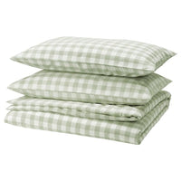 EKTANDVINGE duvet cover and 2 pillowcases, pale grey-green white/check, 240x220/50x80 cm