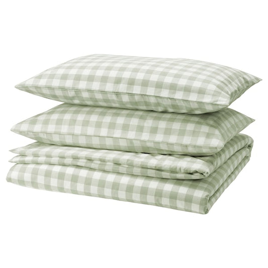 EKTANDVINGE - Duvet cover and 2 pillowcases, pale grey-green white/check, 240x220/50x80 cm