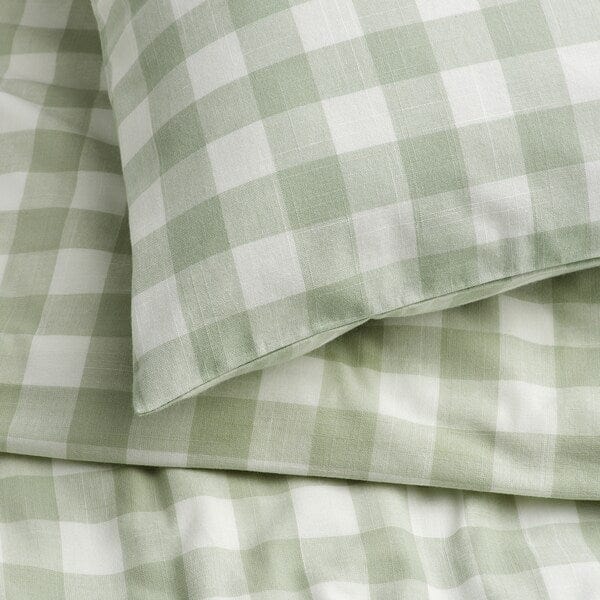 Ikea EKTANDVINGE - Duvet cover and 2 pillowcases, pale grey-green white/check, 240x220/50x80 cm