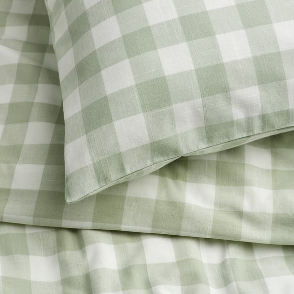 EKTANDVINGE duvet cover and 2 pillowcases, pale grey-green white/check, 240x220/50x80 cm