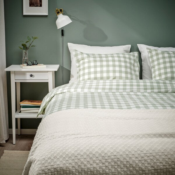 EKTANDVINGE - Duvet cover and 2 pillowcases, pale grey-green white/check, 240x220/50x80 cm