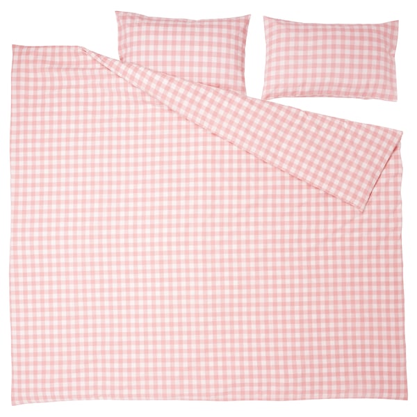 EKTANDVINGE - Duvet cover and 2 pillowcases, light pink white/check, 240x220/50x80 cm