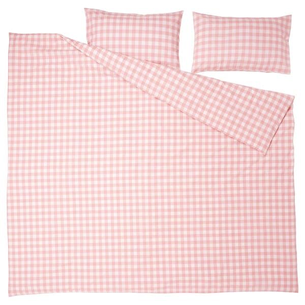 Ikea EKTANDVINGE - Duvet cover and 2 pillowcases, light pink white/check, 240x220/50x80 cm