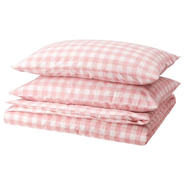 EKTANDVINGE - Duvet cover and 2 pillowcases, light pink white/check, 240x220/50x80 cm