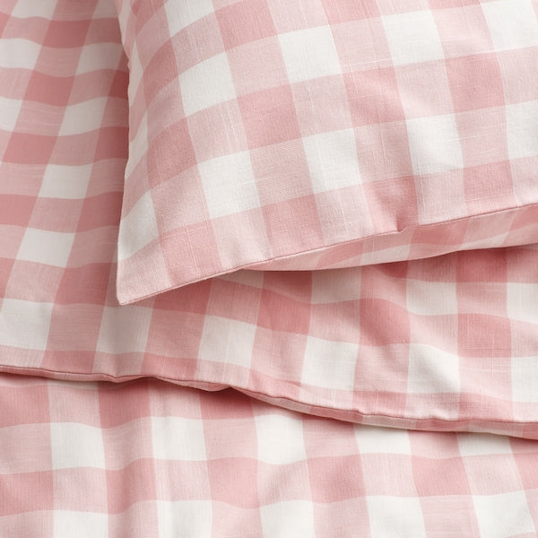 EKTANDVINGE - Duvet cover and 2 pillowcases, light pink white/check, 240x220/50x80 cm