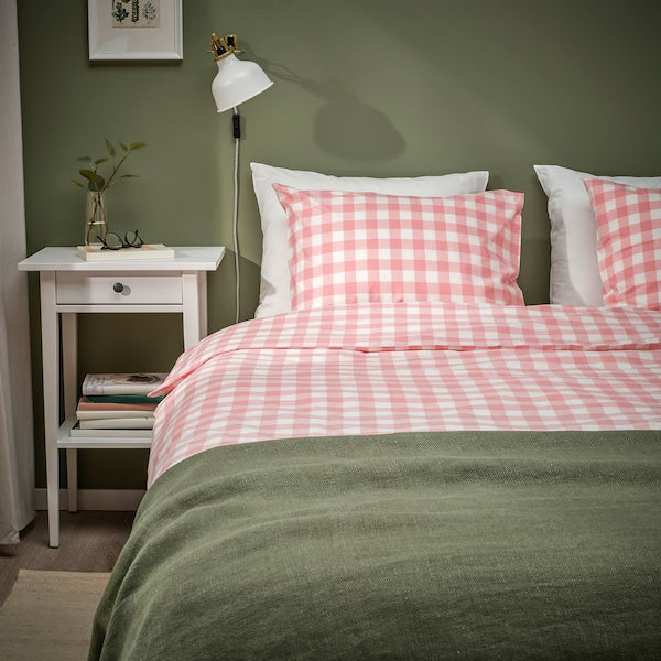 EKTANDVINGE - Duvet cover and 2 pillowcases, light pink white/check, 240x220/50x80 cm